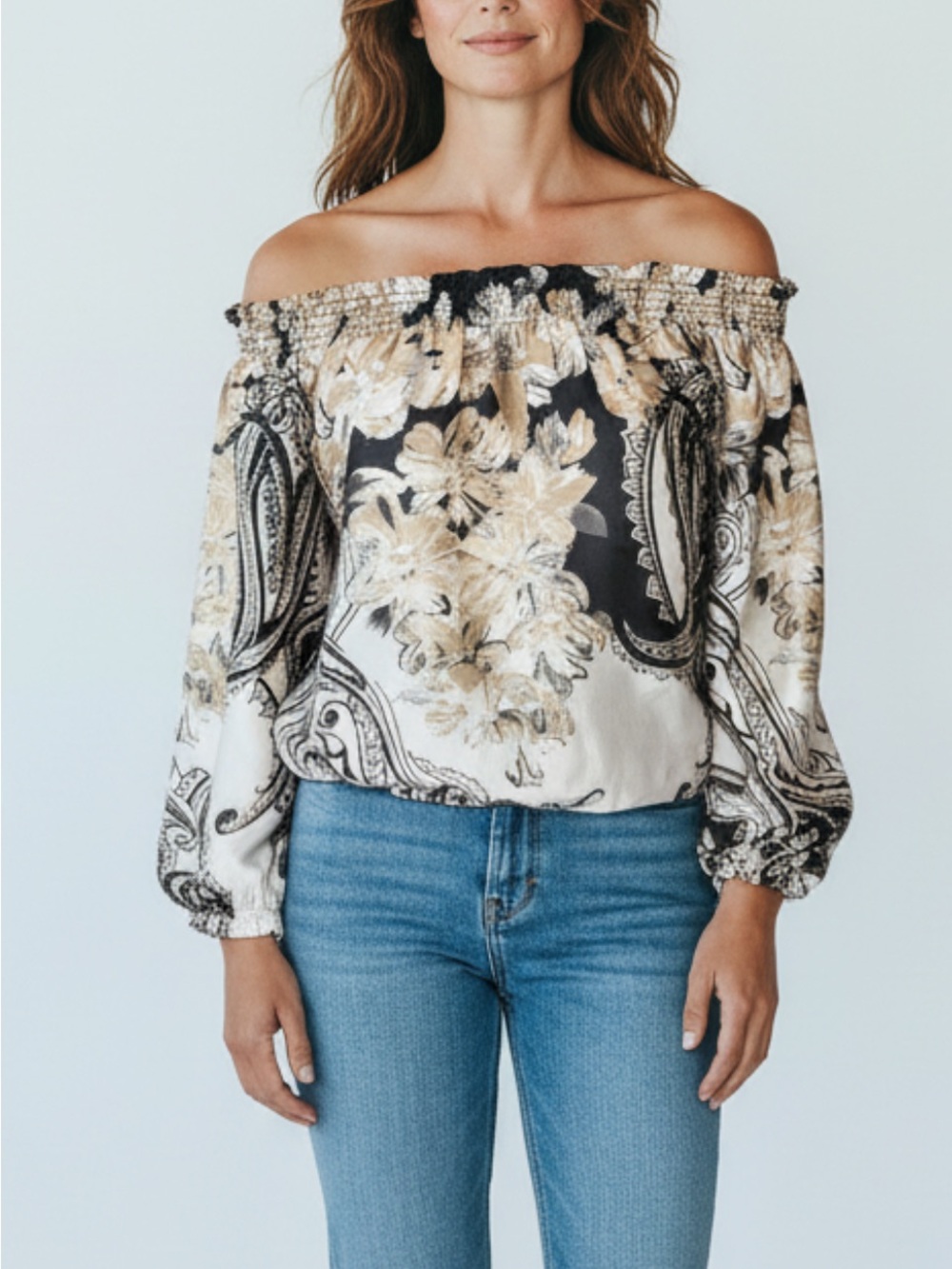 White House Black Market Cream, Black & Gold Off-Shoulder Blouse
